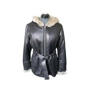 Vintage Wilsons Leather Jacket, Faux Fur Lining, Hooded with Belt, Size L